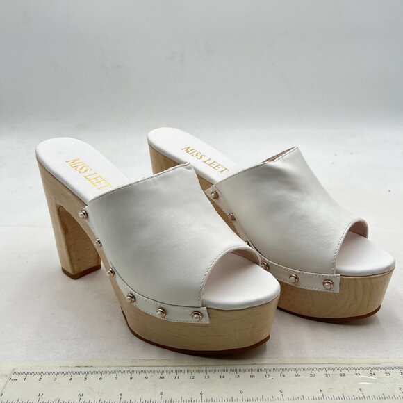 miss left White Platform Chunky High Heel Mules Open Toe Studded Slide Sandals - Picture 4 of 8